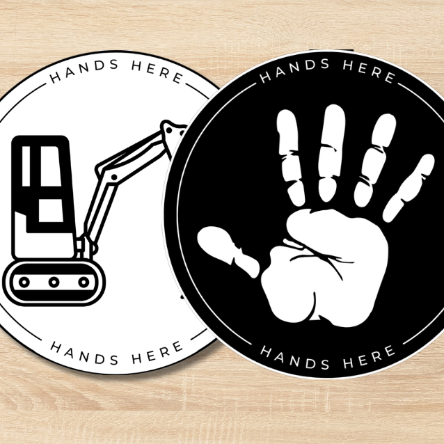Hands Here Digger Magnet and Handprint Safety Sticker flatlay for The Best of Both Pack