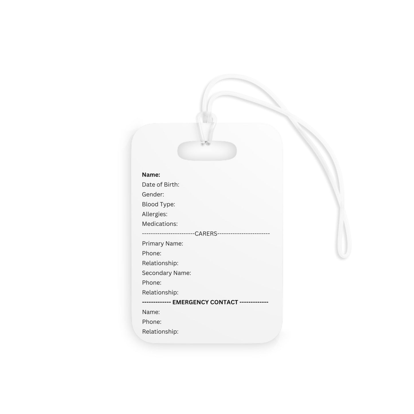 White and Black Hands Here Emergency Medical Information Tag, back