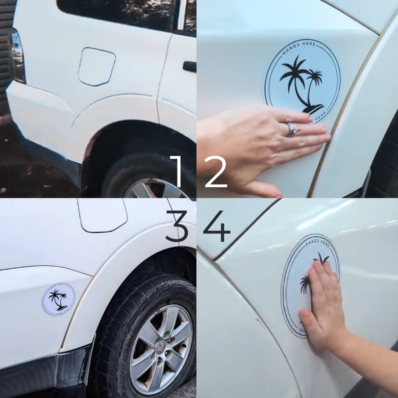 Simple Step-by-step process of applying a palm designed decal in white to a car.