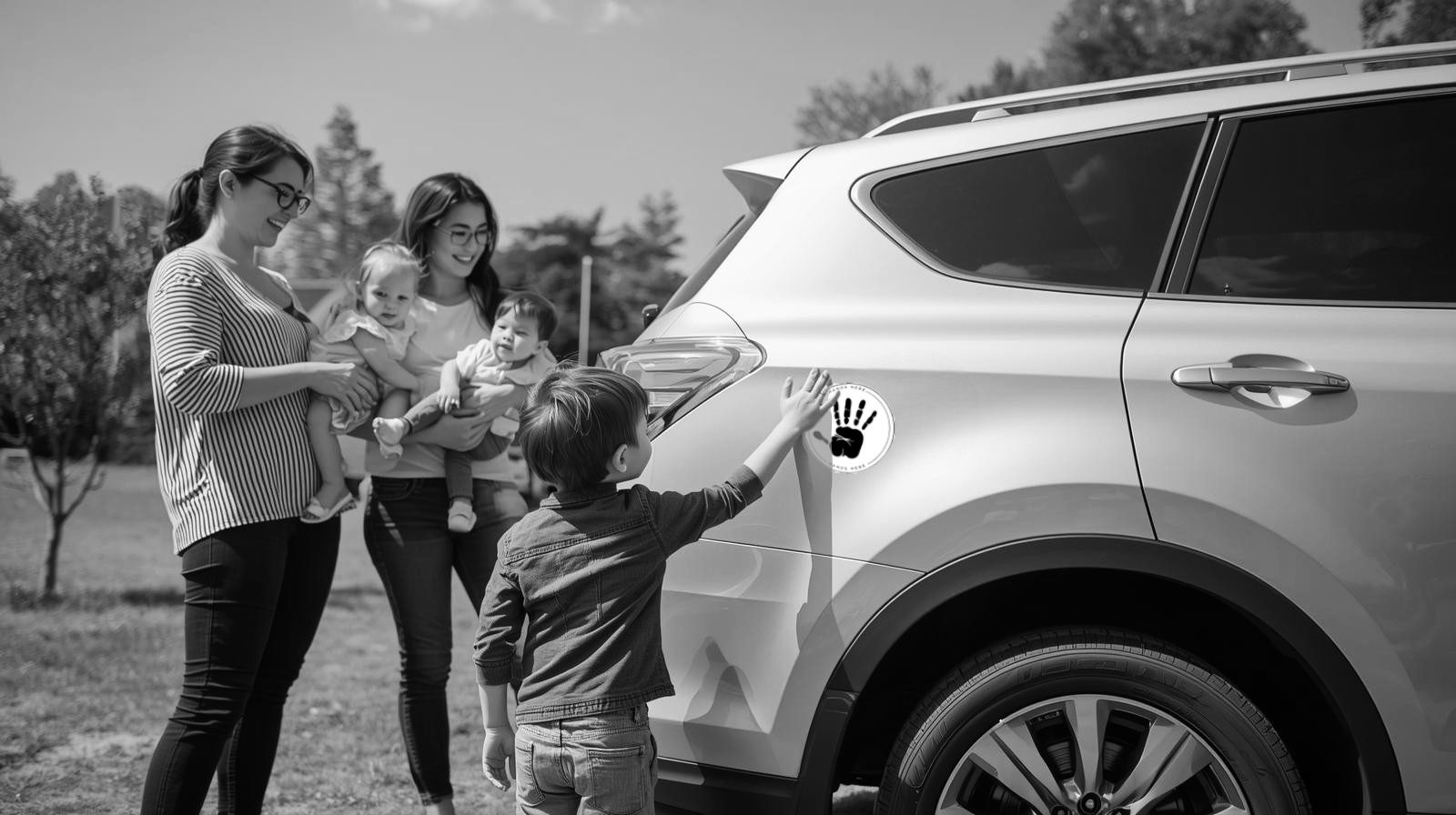 Black and white image of two mums holding babies socialising after a playdate near the rear of the car. A young child is using a Hands Here handprint design decal.