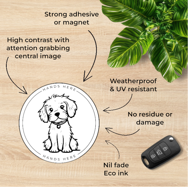 Hands Here Decal/Magnet flatlay showing product design