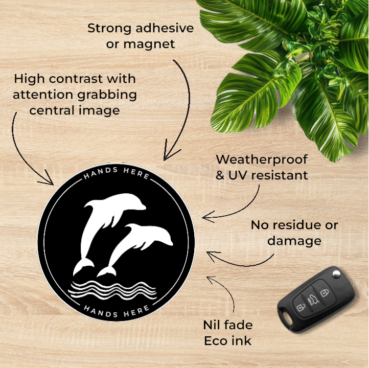 Hands Here Decal/Magnet flatlay showing product design