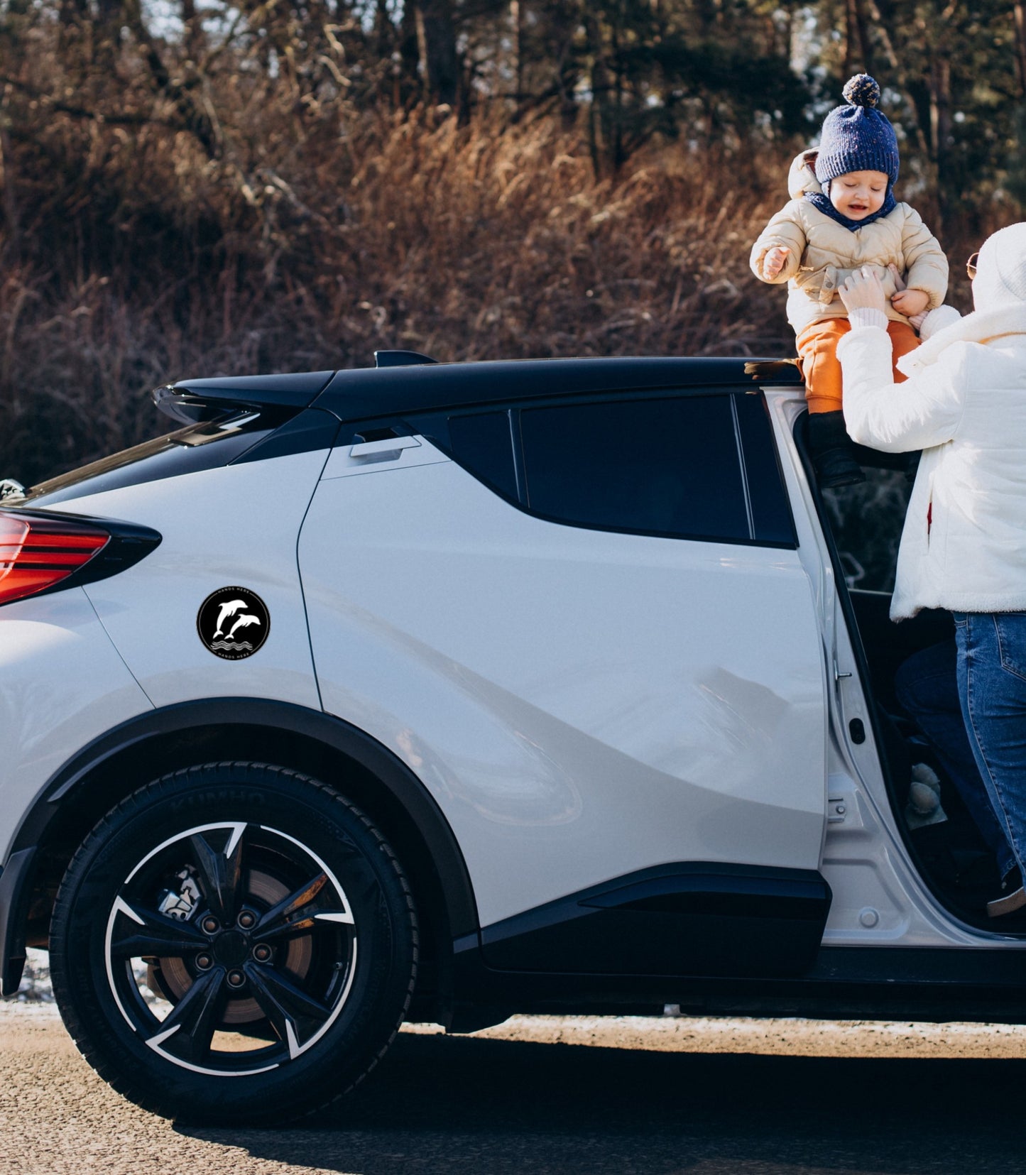 Hands Here Decal/Magnet on car door for child's hand placement