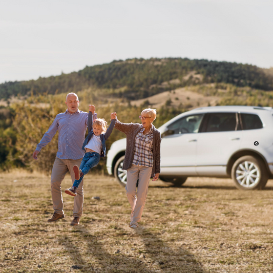 Grandparents and child playing happily with car in background showing Hands Here magnet