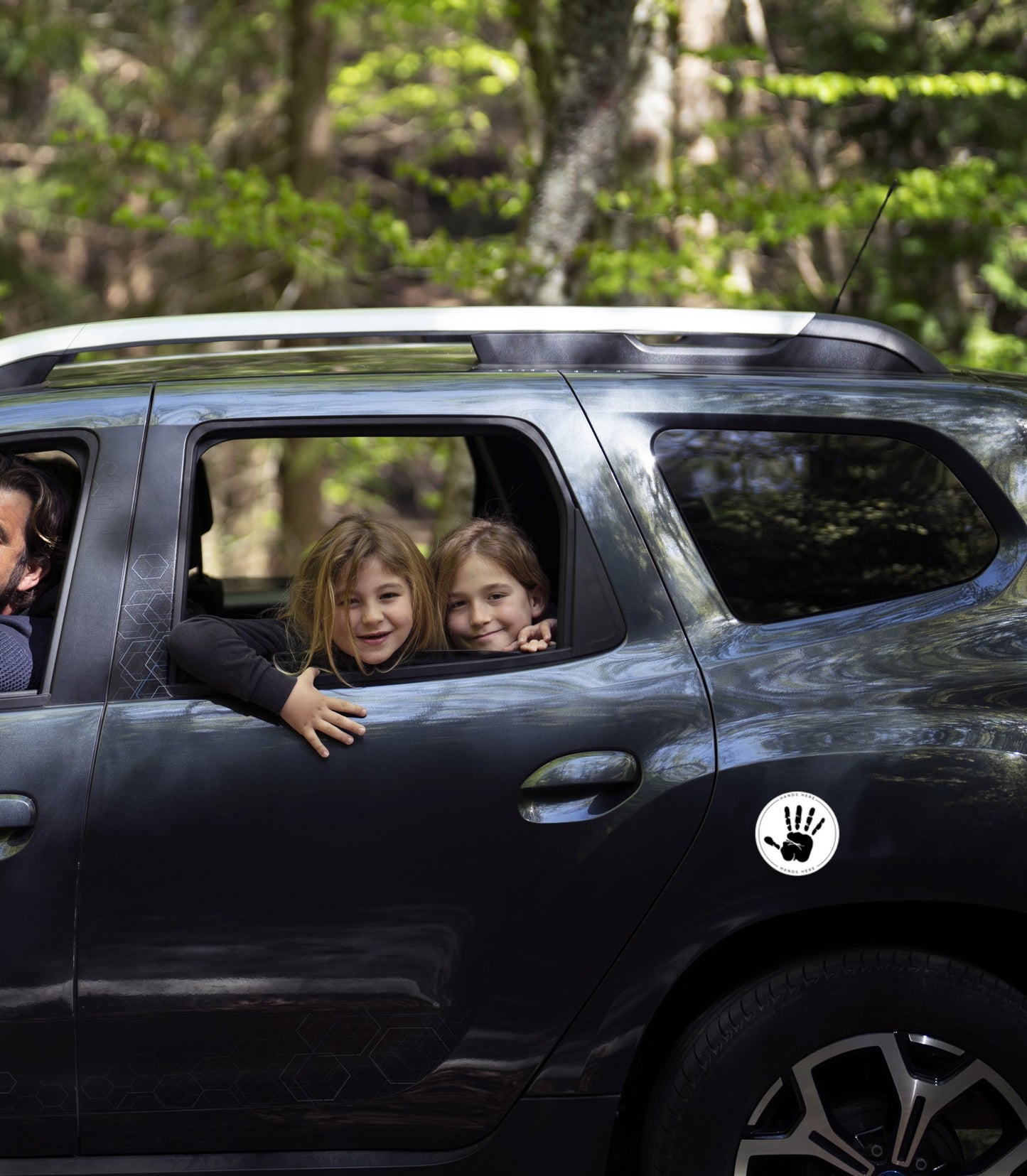 Hands Here Decal/Magnet on car door for child's hand placement