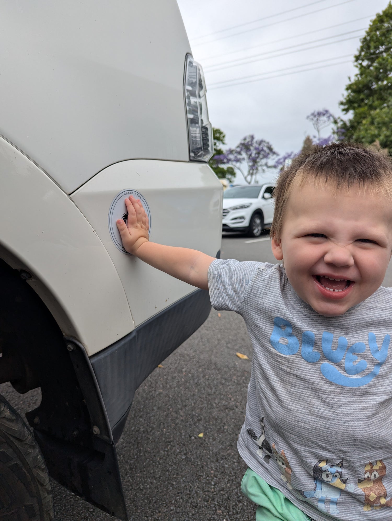 Colour image of smiling toddler in safe position facing the camera with his hand on the white palm decal adhered to the vehicle.