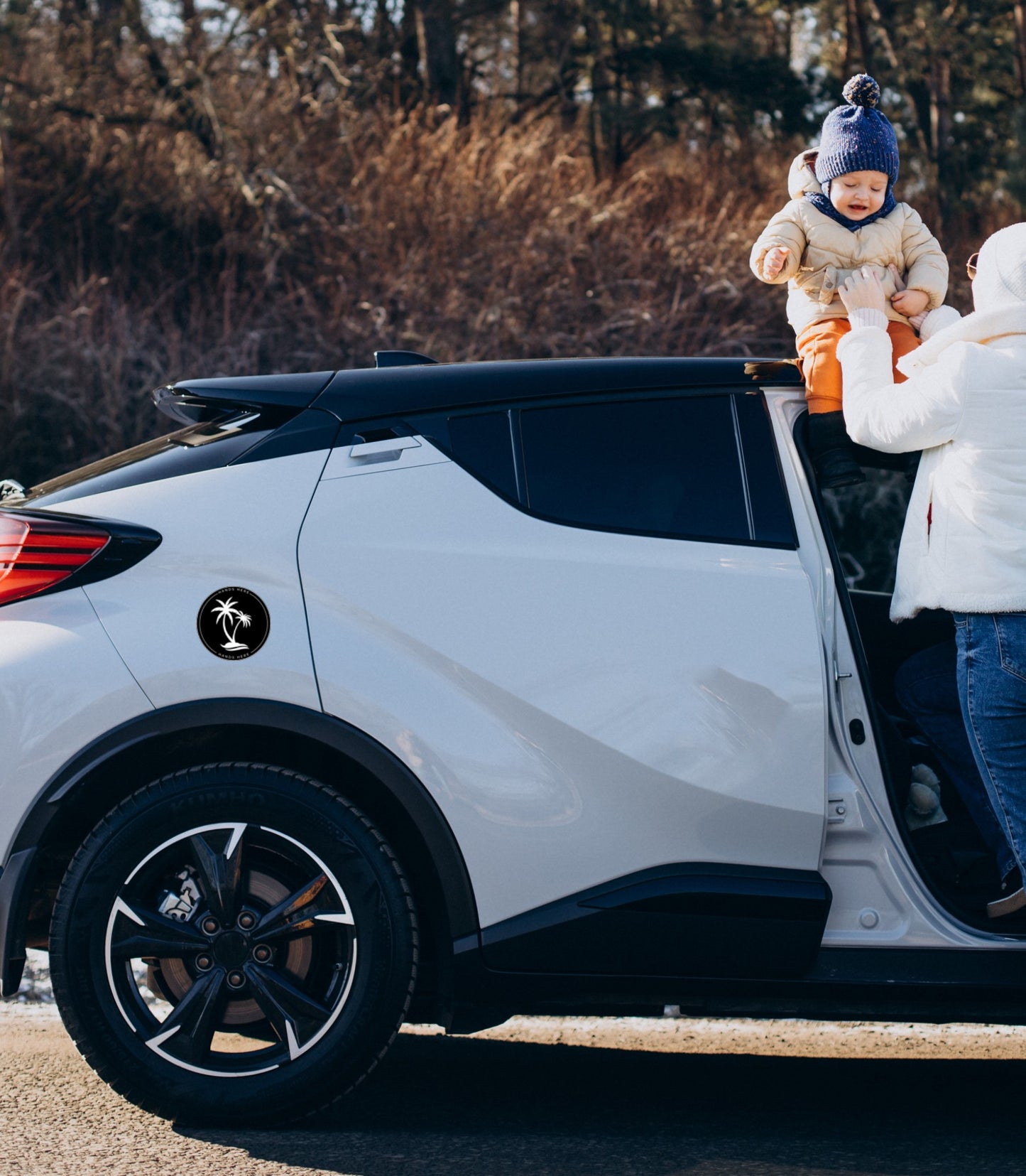 Hands Here Decal/Magnet on car door for child's hand placement
