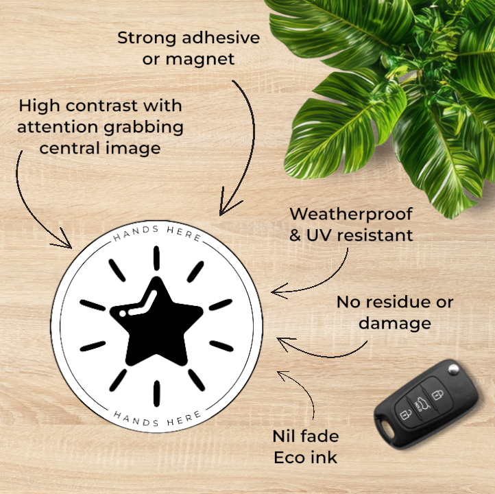 Hands Here Decal/Magnet flatlay showing product design