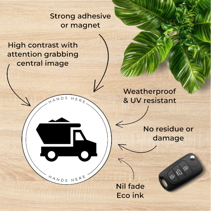 Hands Here Decal/Magnet flatlay showing product design