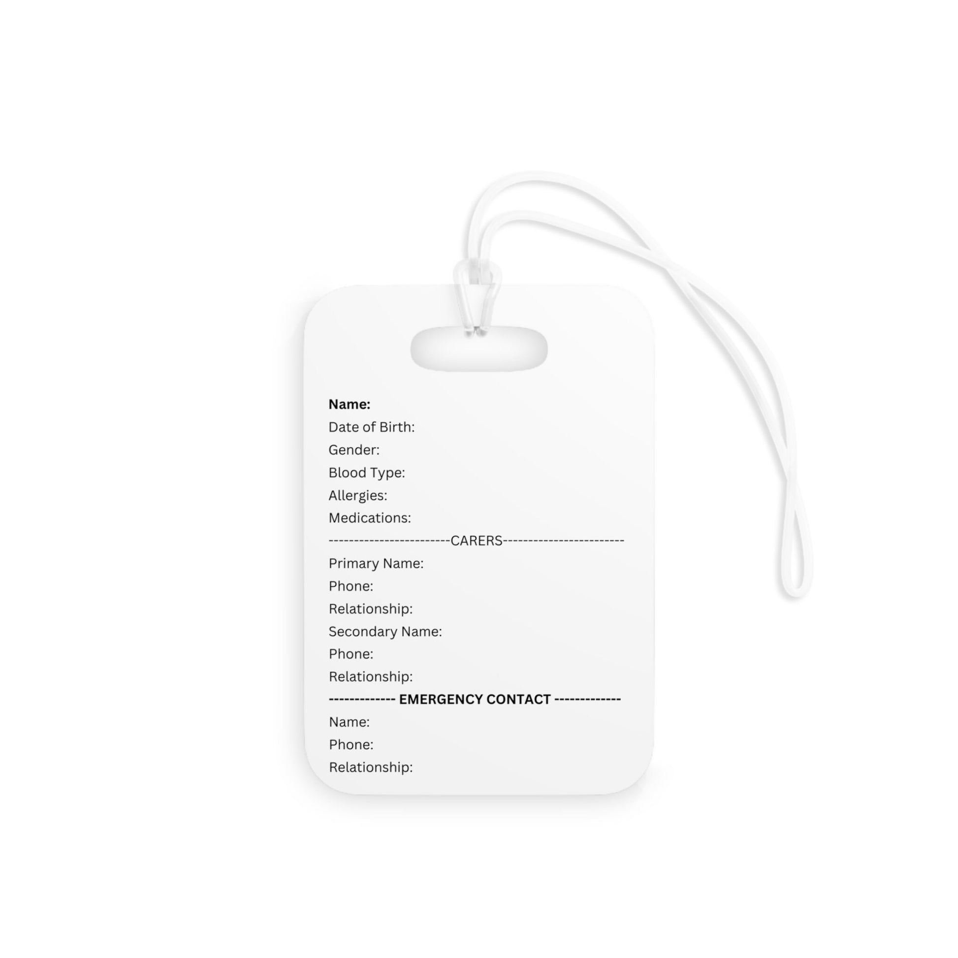 White and Black Hands Here Emergency Medical Information Tag, back